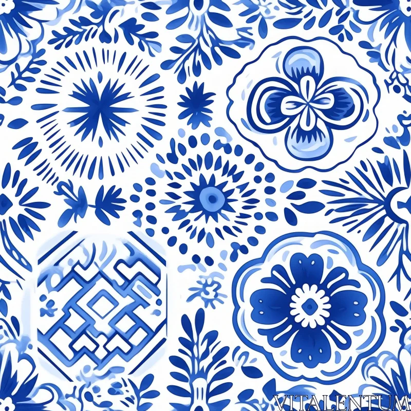 AI ART Elegant Delft Blue Tiles Pattern