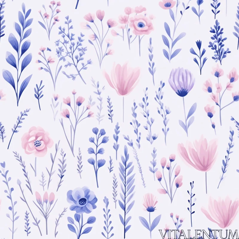 AI ART Elegant Floral Pattern - Pink and Blue Flowers on White Background
