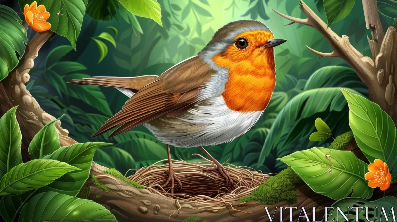 Enchanting Robin Illustration in Lush Forest AI Image