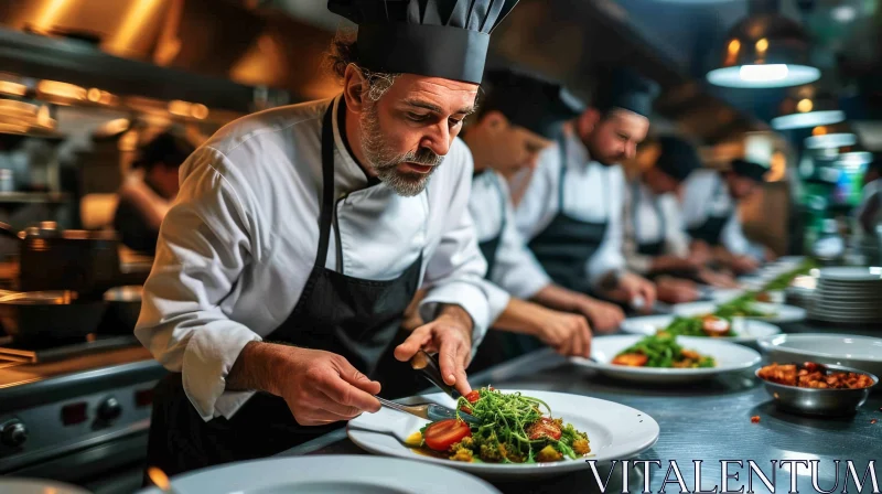 Experienced Chef Plating Delicious Salad in Busy Restaurant Kitchen AI Image