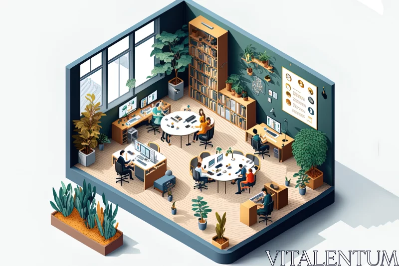 Isometric Office Illustration with Nature-Inspired Compositions AI Image