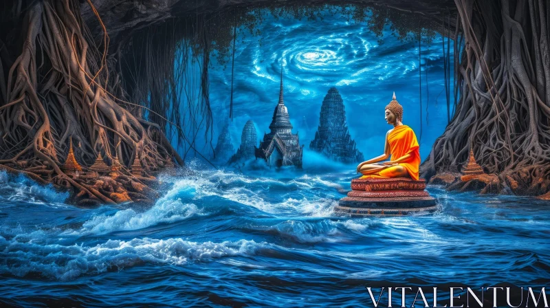 Serene Buddha Sitting on Lotus Flower in Blue Water AI Image