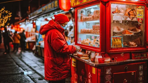 Street Food Vendor in Beijing, China - Red Jacket and Mask
