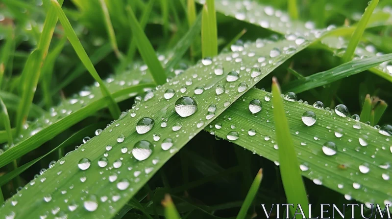 Tranquil Water Droplets on Blades of Grass AI Image