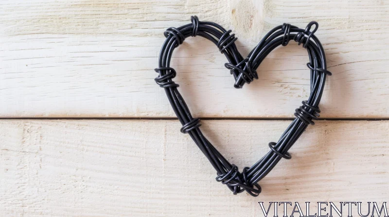 Unique Abstract Art: Black Barbed Wire Heart on Wooden Background AI Image