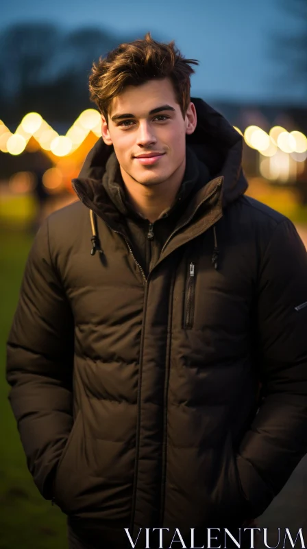 Young Man in Black Puffer Jacket Portrait AI Image
