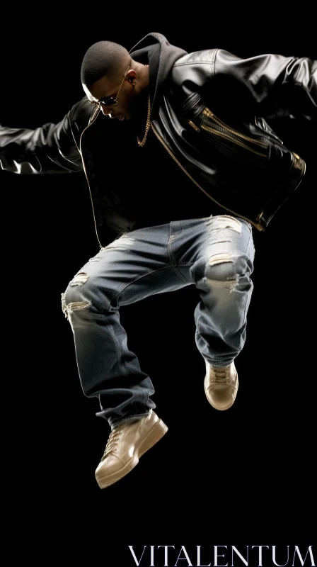 Young Man Jumping in Air with Sunglasses and Black Jacket AI Image