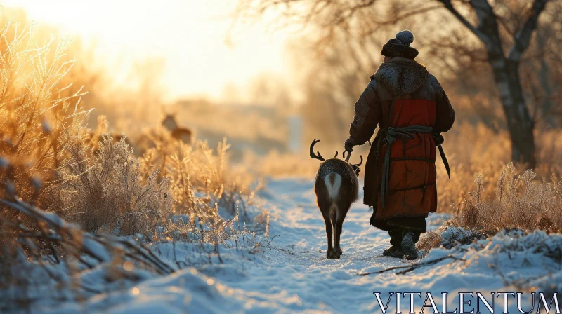 A Captivating Portrait of Evenk Tradition: Man Leading Reindeer in the Snow AI Image