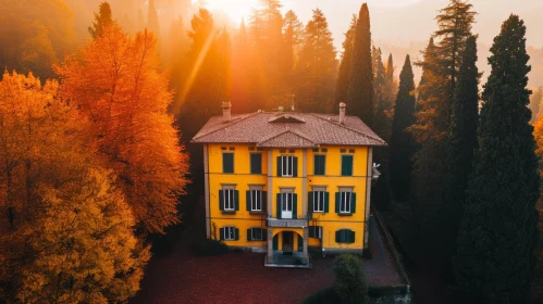 Aerial Shot of Yellow House with Green Shutters Surrounded by Fall Trees