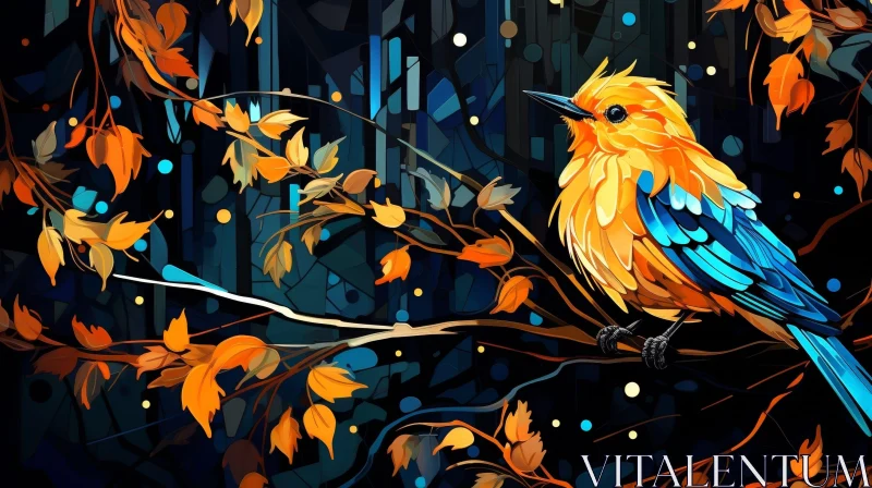 AI ART Beautiful Bird Digital Painting with Autumn Leaves