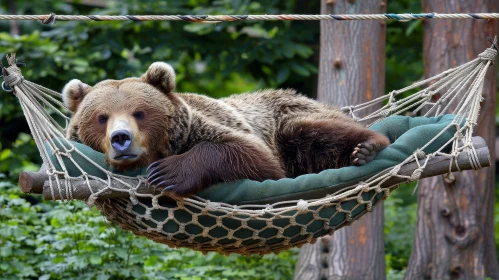 Brown Bear Relaxing in Hammock - Nature Scene