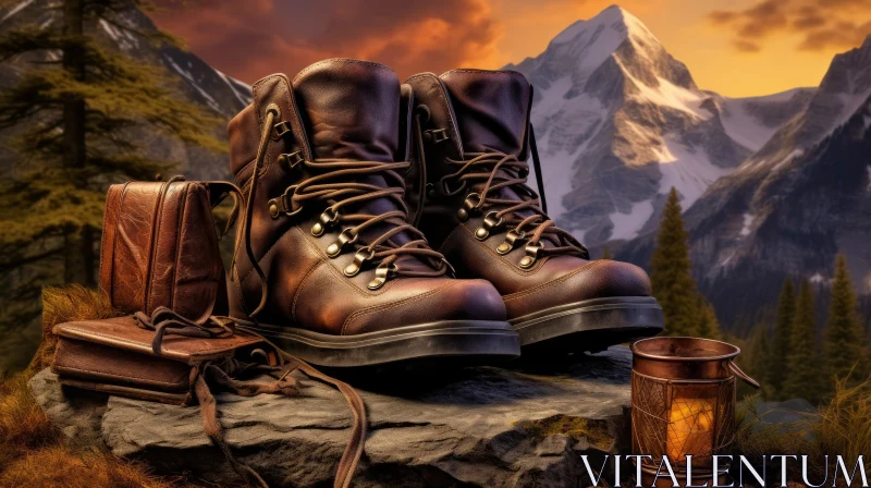 Brown Leather Hiking Boots on Mountain Landscape AI Image