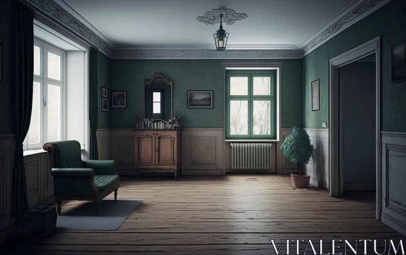 Edwardian Interior Room in Dark Green and Gray | Atmospheric Serenity AI Image