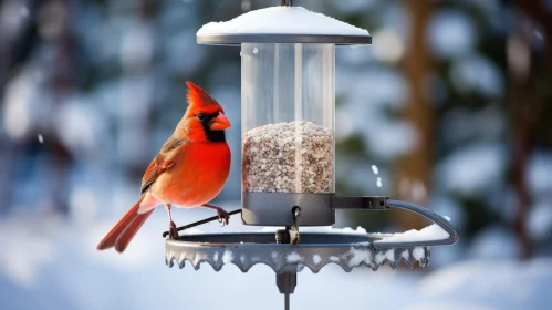 Northern Cardinal on Snowy Bird Feeder