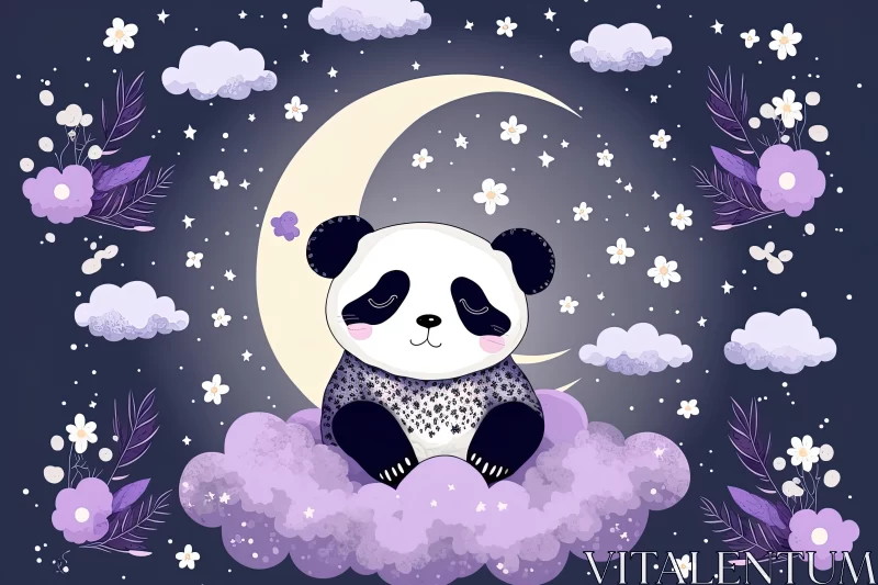 Panda Sitting on Clouds with Purple Flowers and Moon | Chic Illustrations AI Image