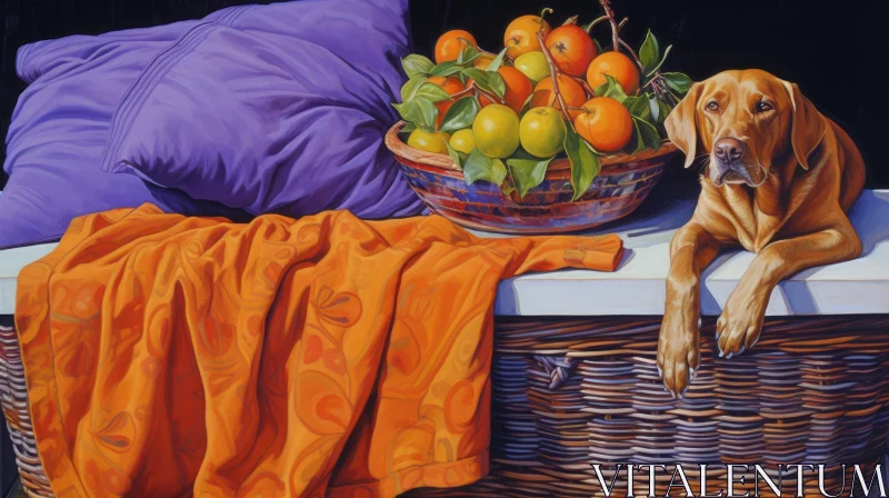 Realistic Still Life Painting with Fruit Basket and Dog AI Image