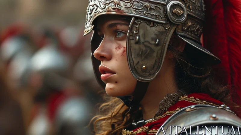 Roman Soldier Woman in Helmet with Determined Expression AI Image