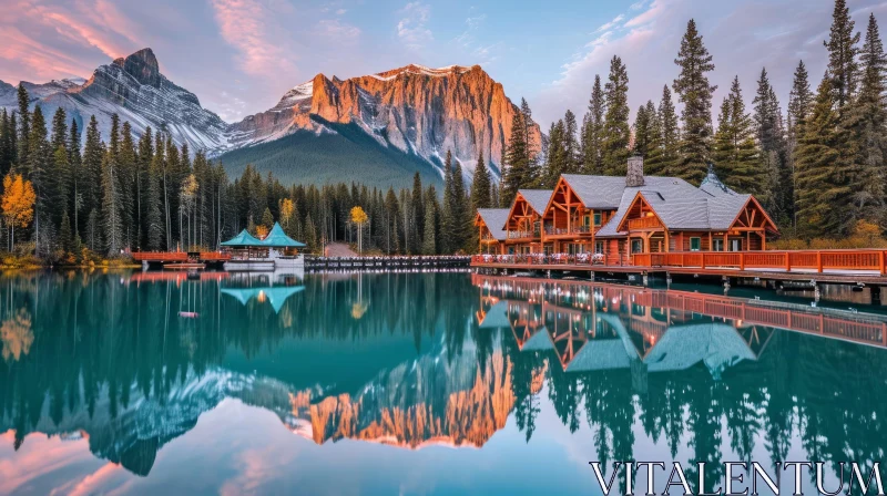 Serene Mountain Landscape with Lake, Trees, and Majestic Peaks AI Image