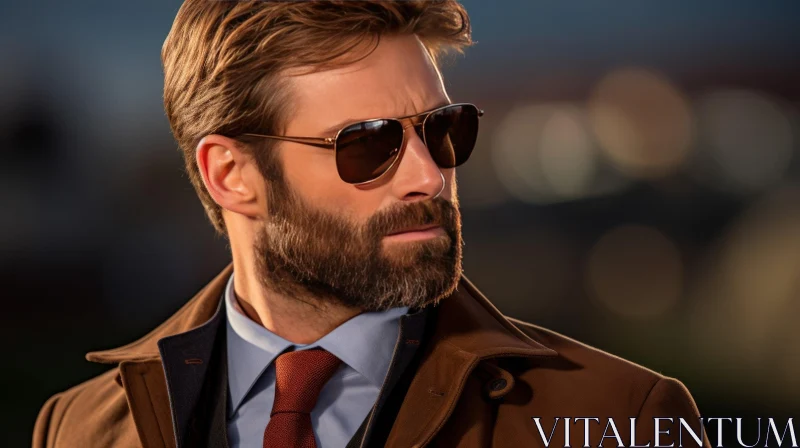 Serious Man Portrait in Brown Coat and Sunglasses