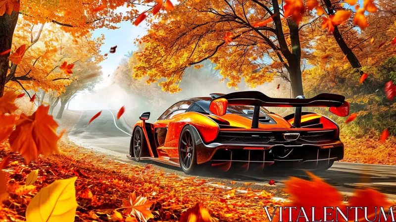 AI ART Sleek Orange Sports Car Driving Through Fall Forest