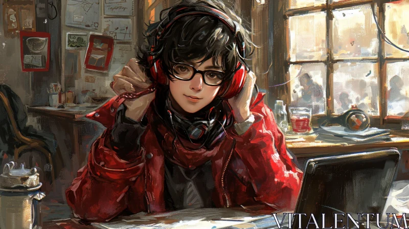 Stylish Digital Painting of a Young Man at a Desk | Anime-inspired Art AI Image