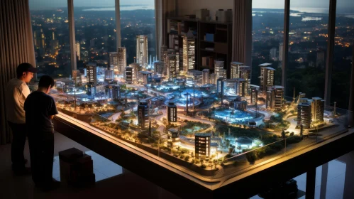 Urban Model: Man Contemplates Illuminated Cityscape