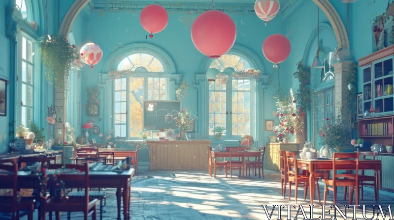 Beautiful Classroom Design with Plants and Hot Air Balloons AI Image