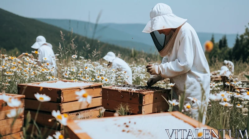 AI ART Beekeeper in Chamomile Field Extracting Honey