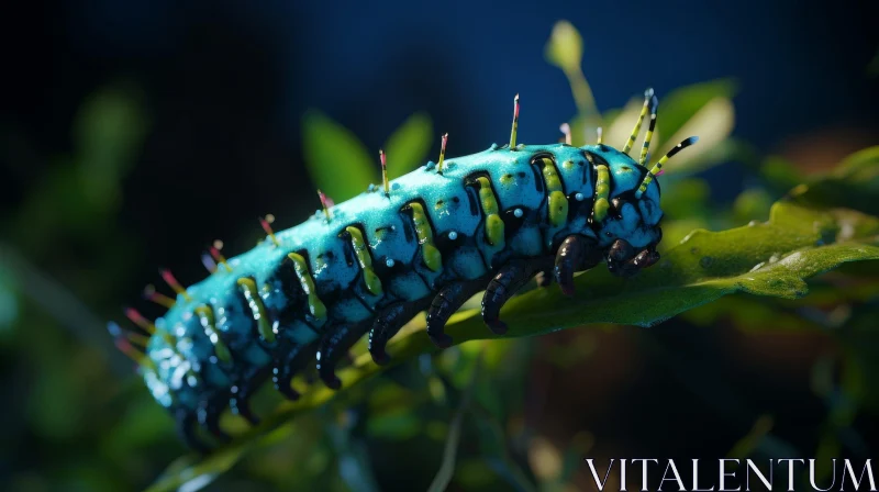 Blue Caterpillar on Green Leaf - Close-up Nature Photography AI Image