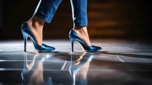 Blue Jeans and High Heels - Woman Walking on Shiny Floor