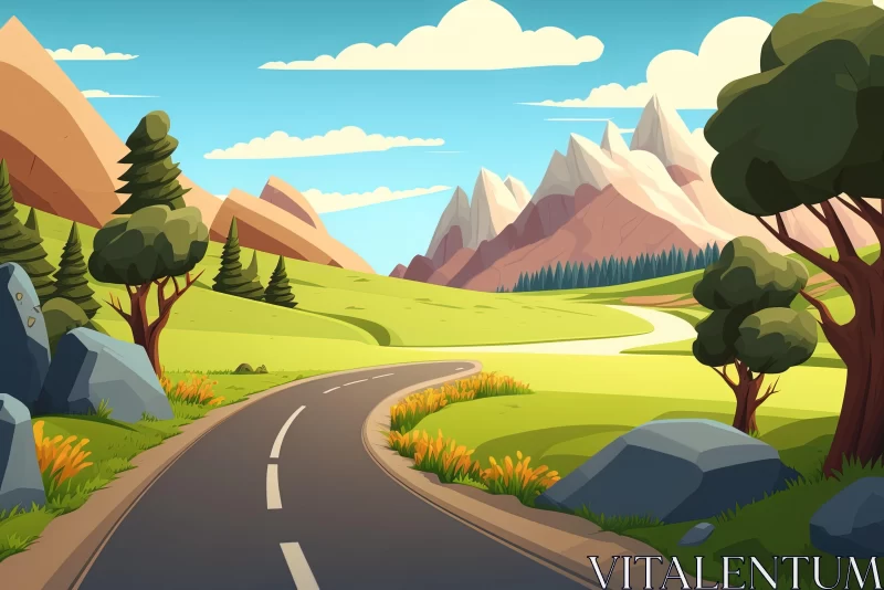 AI ART Captivating Cartoon Landscape with Road, Mountains, and Trees