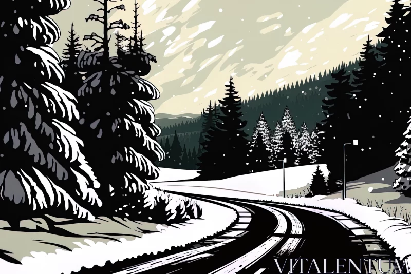 Captivating Winter Forest Road Illustration | Snowy Road Artwork AI Image