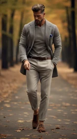 Confident Man Walking in Nature - Stylish Gray Suit
