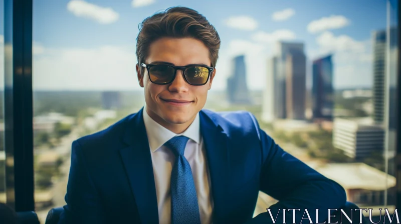 Confident Young Man in Blue Suit and Tie | Cityscape Background AI Image