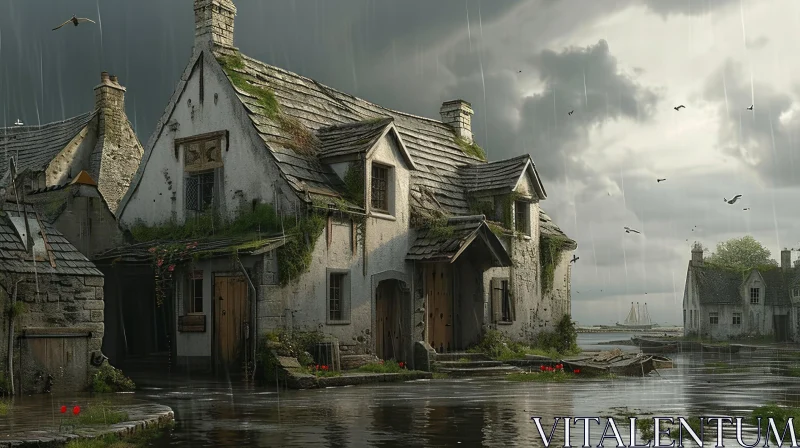 Digital Painting of a Rainy Day Village - Beauty in the Darkest Times AI Image