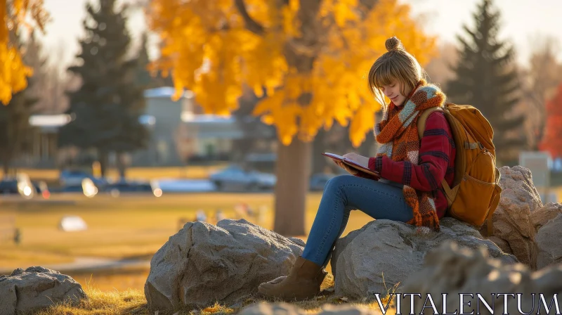 Enchanting Moment: Woman Reading a Book in a Serene Park AI Image