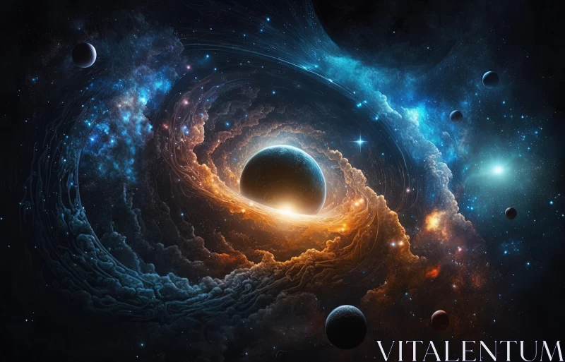 Ethereal Fantasy Art: Mesmerizing Black Hole with Sun and Planets AI Image