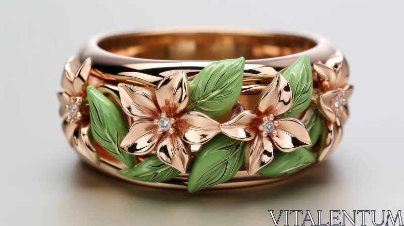 Exquisite Gold Ring with Enamel Leaves and Pink Flowers AI Image