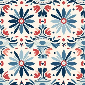 Hand-Painted Floral Seamless Pattern in Blue, Red, and White