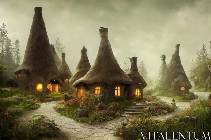 Magical Fairytale Village Scene with Thatched Huts AI Image