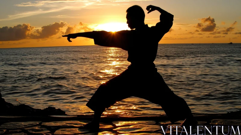 Martial Arts Pose by Ocean at Sunset AI Image