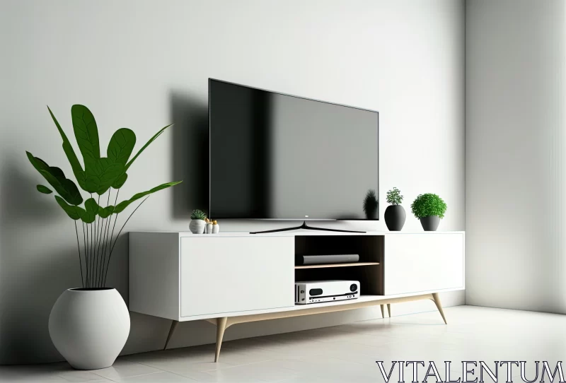 Modern TV Stand with Potted Plant on White Wall - Retro-Style Design AI Image