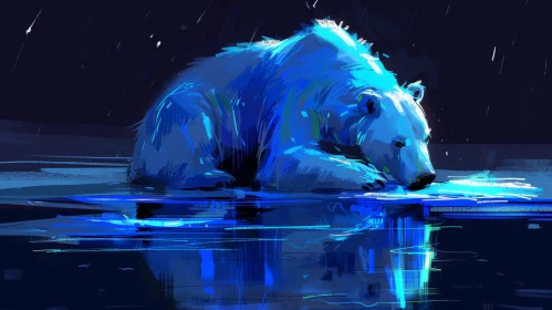 Polar Bear Digital Painting on Ice in Dark Blue Sea