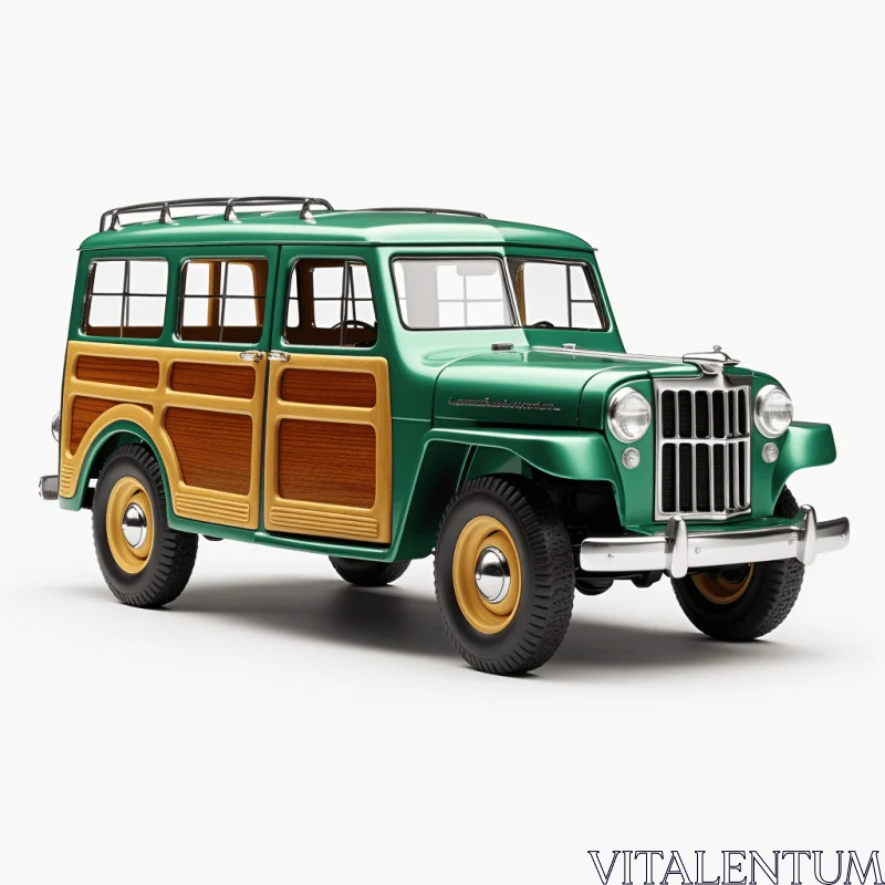 Vintage Wooden Green Jeep on White Background | Photorealistic Rendering AI Image