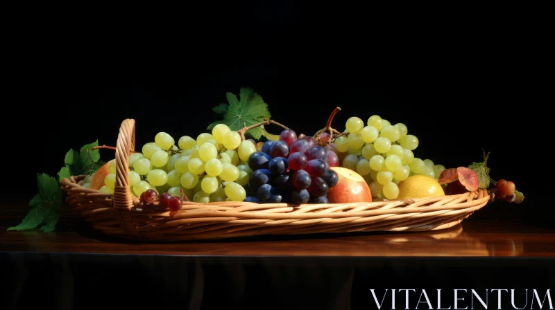 Wicker Basket Still Life with Grapes and Pears AI Image