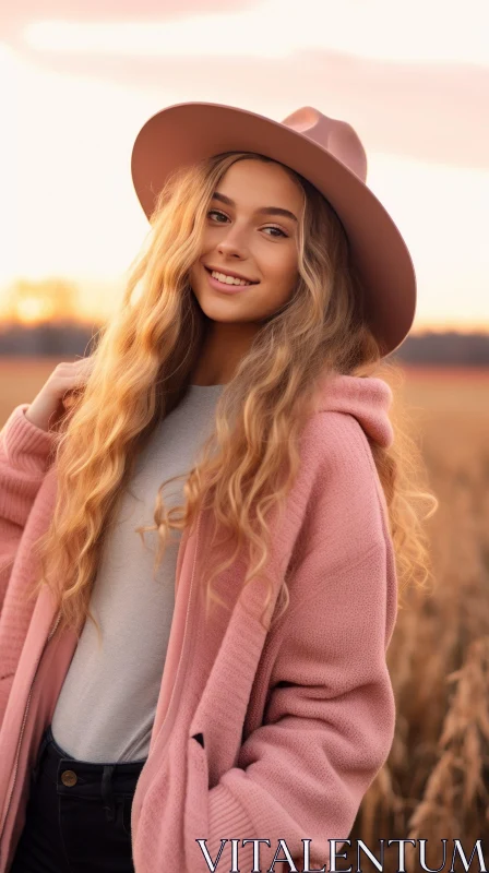 Young Woman in Pink Hat Standing in Wheat Field at Sunset AI Image