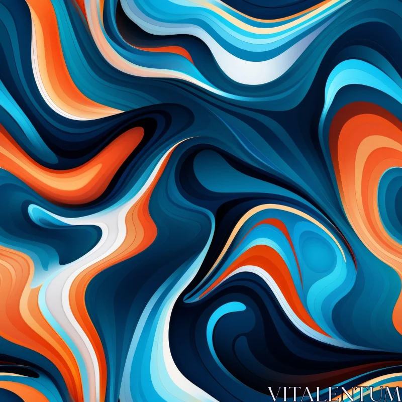 Blue Abstract Painting with Orange and White Waves AI Image