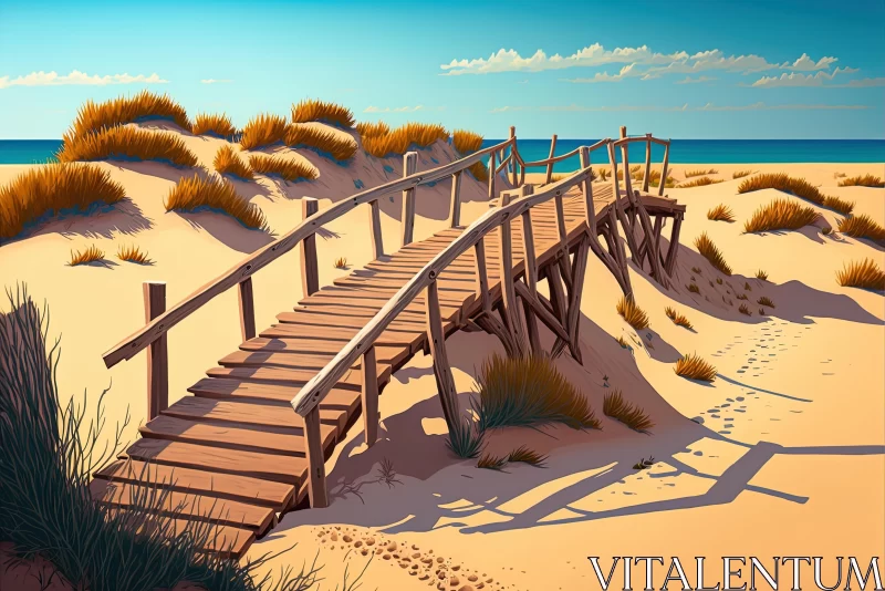 Captivating Wooden Bridge Over Dune Landscape - Cartoon Realism Style AI Image