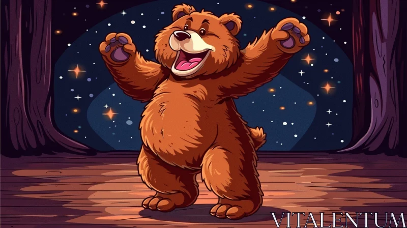 Cheerful Cartoon Brown Bear Illustration on Wooden Stage AI Image