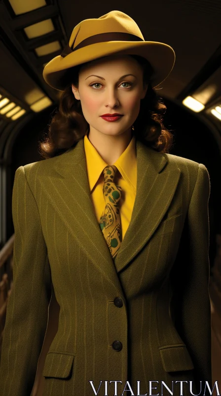 Elegant Woman in Green Suit and Brown Hat AI Image